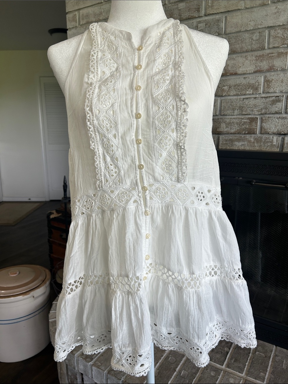 Free People Adelaide White Gauzy Eyelet Tunic, Small